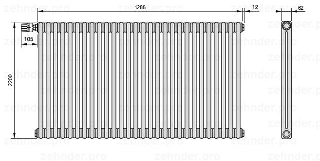 Схема (чертеж) Радиатор Zehnder Charleston 2220/28 №V011 Белый глянцевый RAL 9016